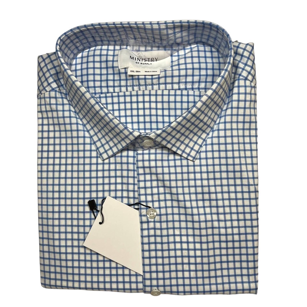 Ministry of Supply Mens Aero Blue‎ Check Dress Shirt Size XXL Slim New